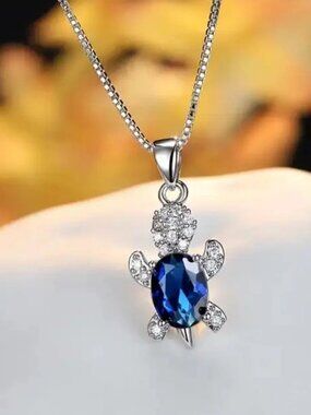 “Just Keep Swimming” Dark Navy Blue Turtle Diamond Sterling Silver Gift Necklace